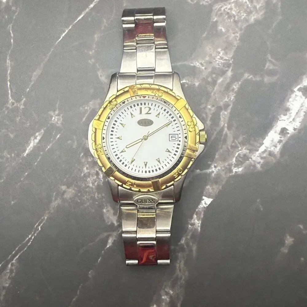 Vintage 1994 GUESS Two Tone Diver Style Date Watch 672 Y2K